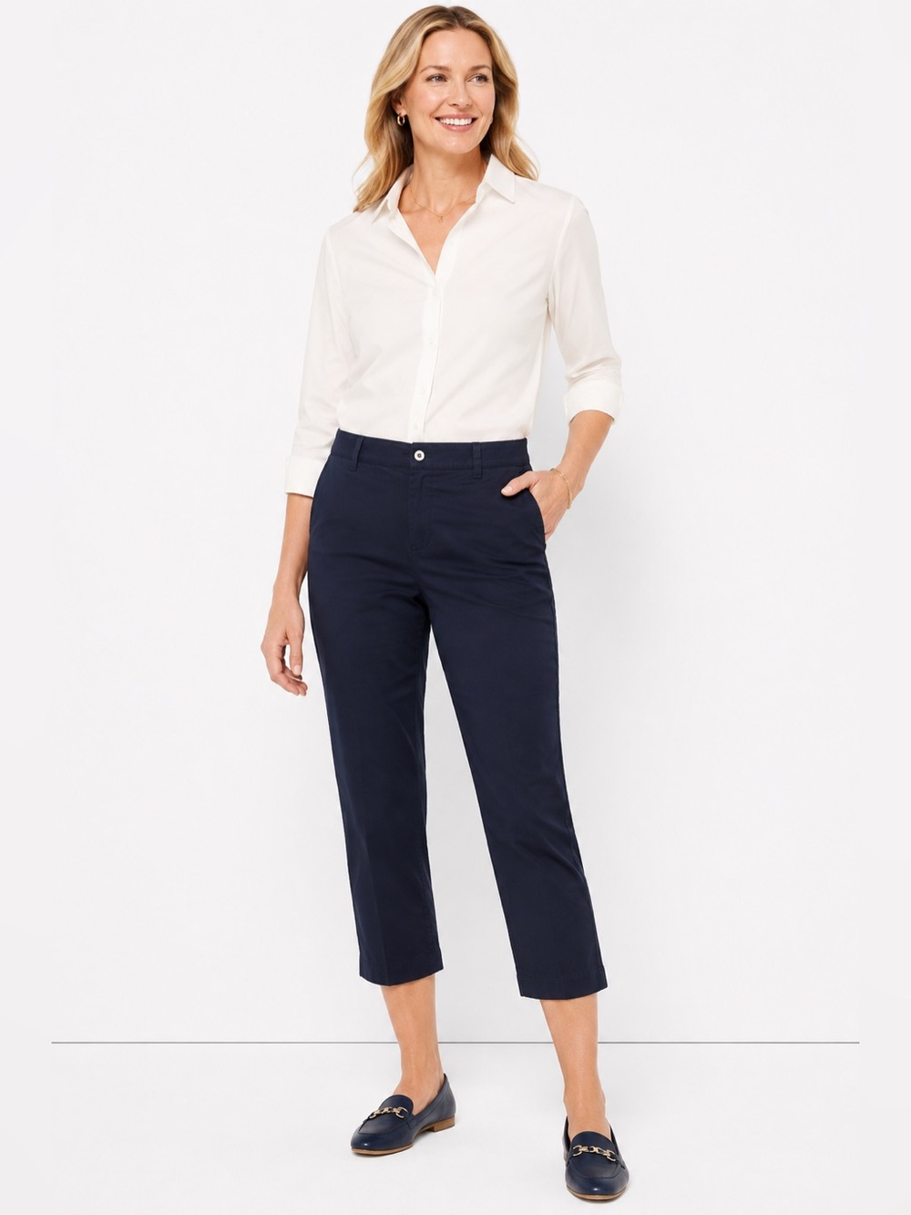 Talbots Perfect Crop Pants Womens 10 Navy Blue Straight Leg Chino Casual